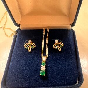 14K Gold Emerald and Diamond Designer Earrings and Necklace